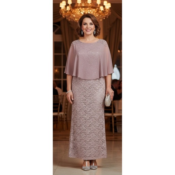 Ignite Evenings Dresses & Skirts - Ignite Evenings Mauve Lace Sequin Capelet Gown Dress 12P Formal Mother Bride